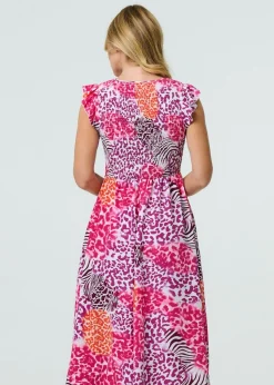 Izabel London Pink Animal Print Cap Sleeve Smocked Midi Dress