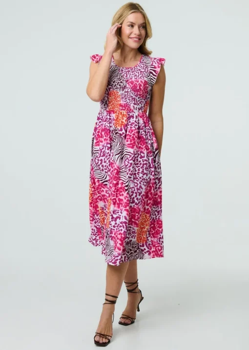 Izabel London Pink Animal Print Cap Sleeve Smocked Midi Dress