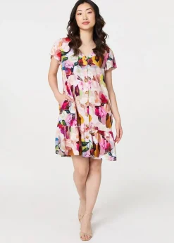 Izabel London Pink Brushstroke Floral V Neck Smock Dress