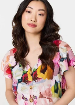 Izabel London Pink Brushstroke Floral V Neck Smock Dress