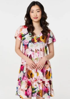 Izabel London Pink Brushstroke Floral V Neck Smock Dress