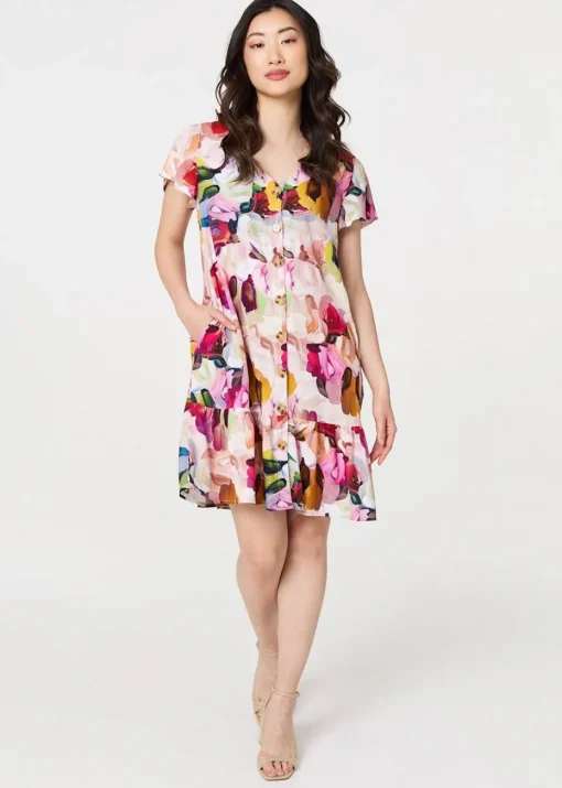 Izabel London Pink Brushstroke Floral V Neck Smock Dress