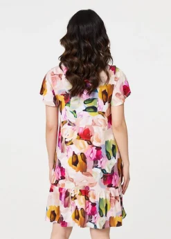 Izabel London Pink Brushstroke Floral V Neck Smock Dress