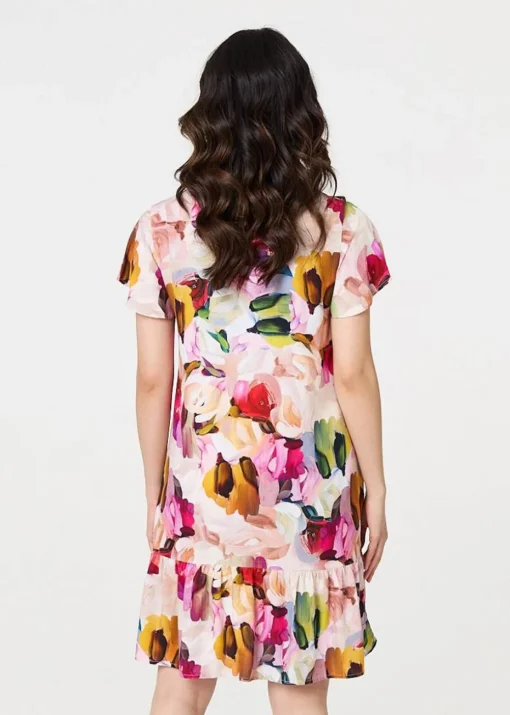 Izabel London Pink Brushstroke Floral V Neck Smock Dress