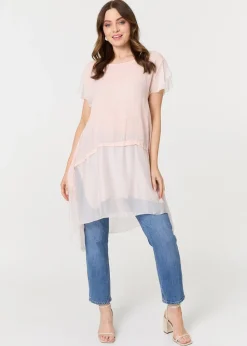Izabel London Pink Cap Sleeve Relaxed Longline Tunic Top