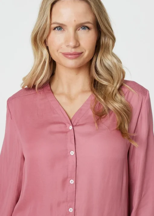 Izabel London Pink Collarless Button Up Long Sleeve Shirt