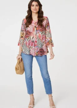 Izabel London Pink Floral 3/4 Frill Sleeve Relaxed Blouse