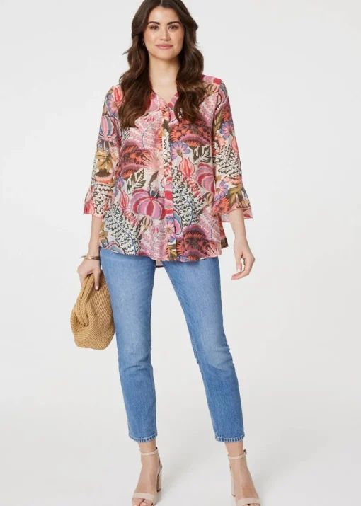 Izabel London Pink Floral 3/4 Frill Sleeve Relaxed Blouse