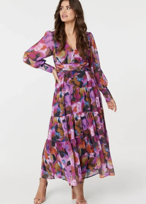 Izabel London Pink Floral Long Sleeve Ruched Maxi Dress