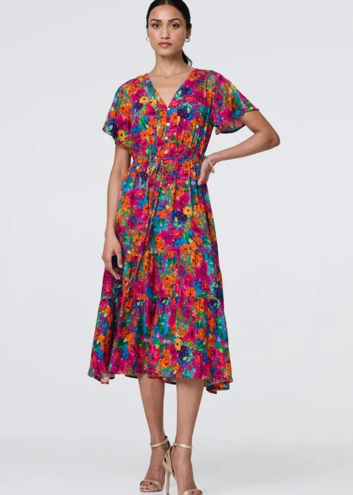 Izabel London Pink Floral Short Sleeve Tie Waist Dress