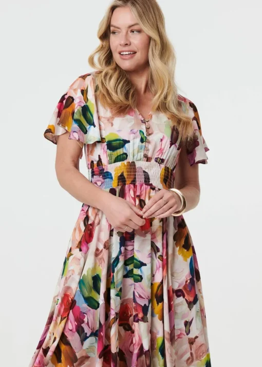 Izabel London Pink Floral Short Puff Sleeve Midi Dress