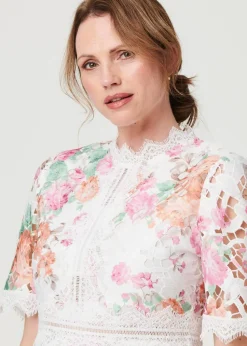 Izabel London Pink Floral Lace Trim Semi Sheer Midi Dress