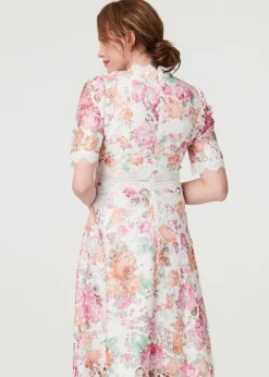 Izabel London Pink Floral Lace Trim Semi Sheer Midi Dress