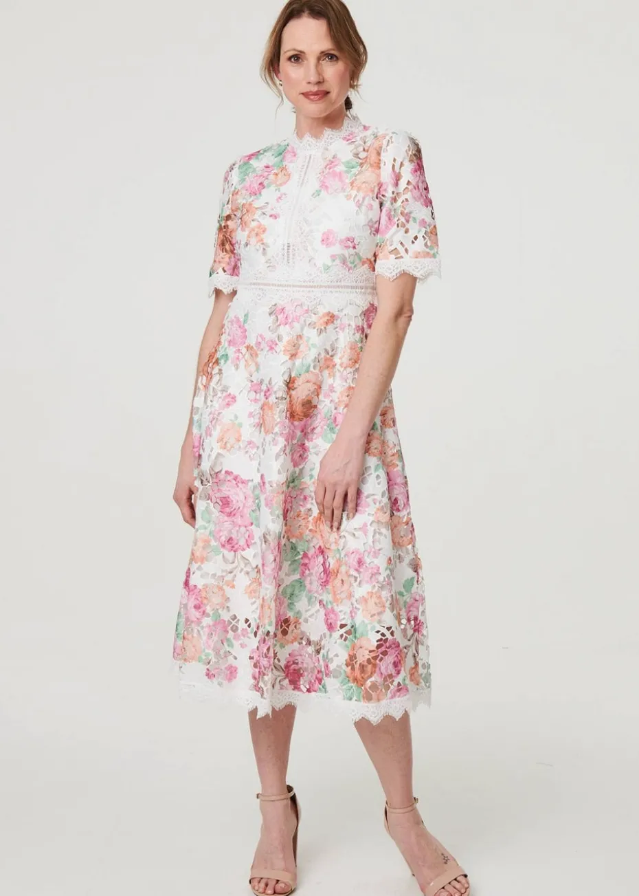 Izabel London Pink Floral Lace Trim Semi Sheer Midi Dress