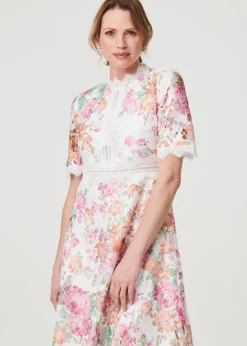 Izabel London Pink Floral Lace Trim Semi Sheer Midi Dress