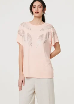Izabel London Pink Sparkly Feather Print Relaxed T-Shirt