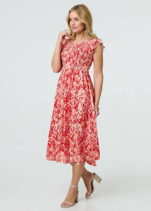 Izabel London Red Floral Ruffled Cap Sleeve Midi Dress