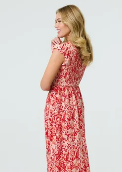 Izabel London Red Floral Ruffled Cap Sleeve Midi Dress