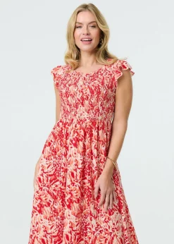 Izabel London Red Floral Ruffled Cap Sleeve Midi Dress
