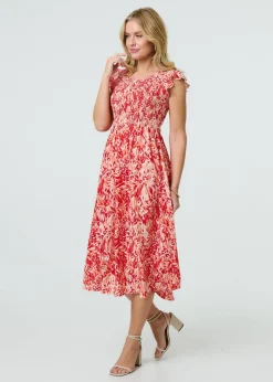 Izabel London Red Floral Ruffled Cap Sleeve Midi Dress