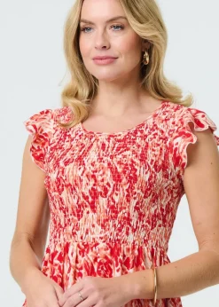 Izabel London Red Floral Ruffled Cap Sleeve Midi Dress