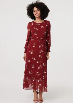 Izabel London Red Floral Sheer Layer Tie Waist Maxi Dress