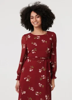 Izabel London Red Floral Sheer Layer Tie Waist Maxi Dress