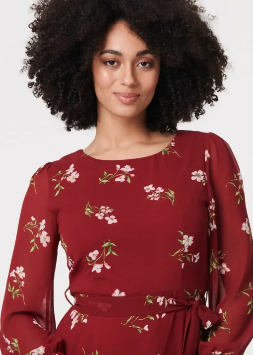 Izabel London Red Floral Sheer Layer Tie Waist Maxi Dress