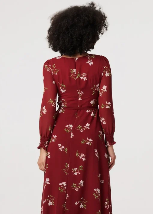 Izabel London Red Floral Sheer Layer Tie Waist Maxi Dress