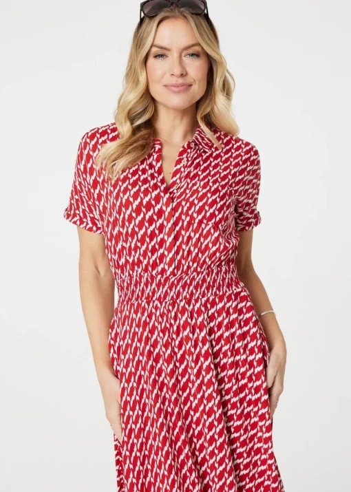 Izabel London Red Geo Print Hanky Hem Midi Dress