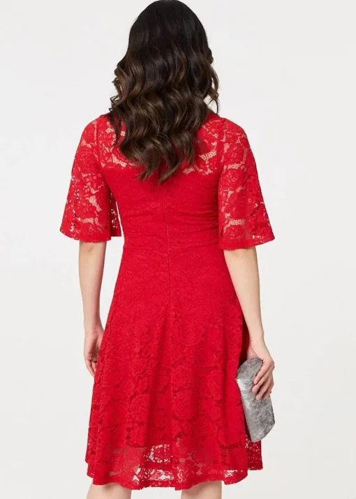 Izabel London Red Lace Overlay Knee Length Skater Dress