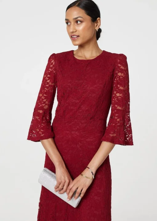 Izabel London Red Lace Semi Sheer Midi Dress