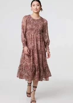 Izabel London Red Printed Empire Tiered Midi Smock Dress