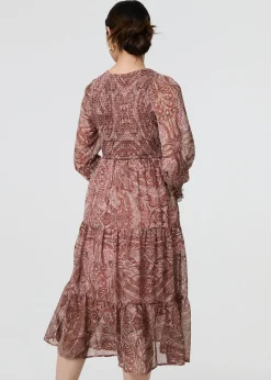 Izabel London Red Printed Empire Tiered Midi Smock Dress