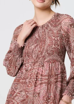 Izabel London Red Printed Empire Tiered Midi Smock Dress