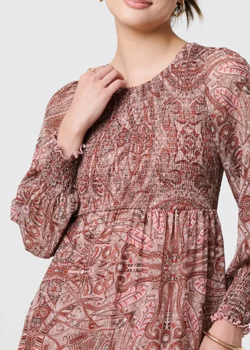Izabel London Red Printed Empire Tiered Midi Smock Dress