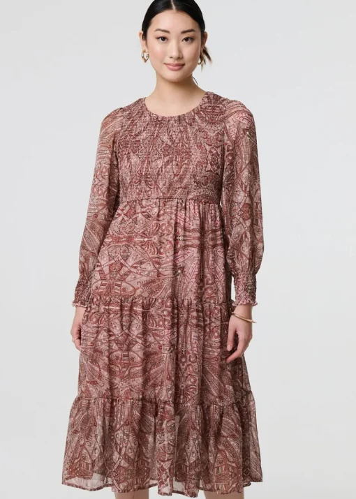 Izabel London Red Printed Empire Tiered Midi Smock Dress