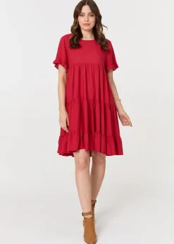 Izabel London Red Short Sleeve Frilled Short Smock Dress