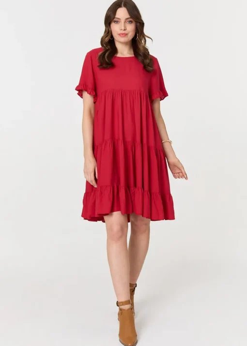 Izabel London Red Short Sleeve Frilled Short Smock Dress