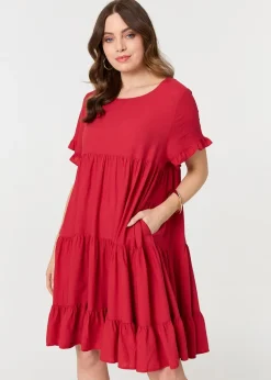 Izabel London Red Short Sleeve Frilled Short Smock Dress