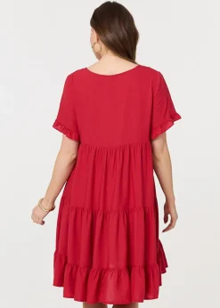 Izabel London Red Short Sleeve Frilled Short Smock Dress