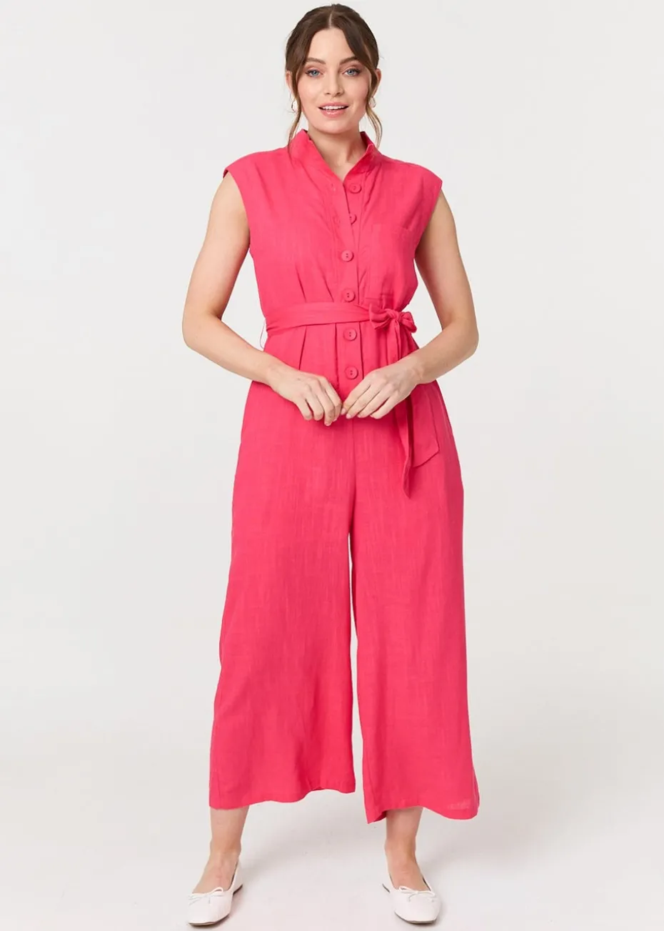 Izabel London Red Sleeveless Tie Waist Button-Up Jumpsuit