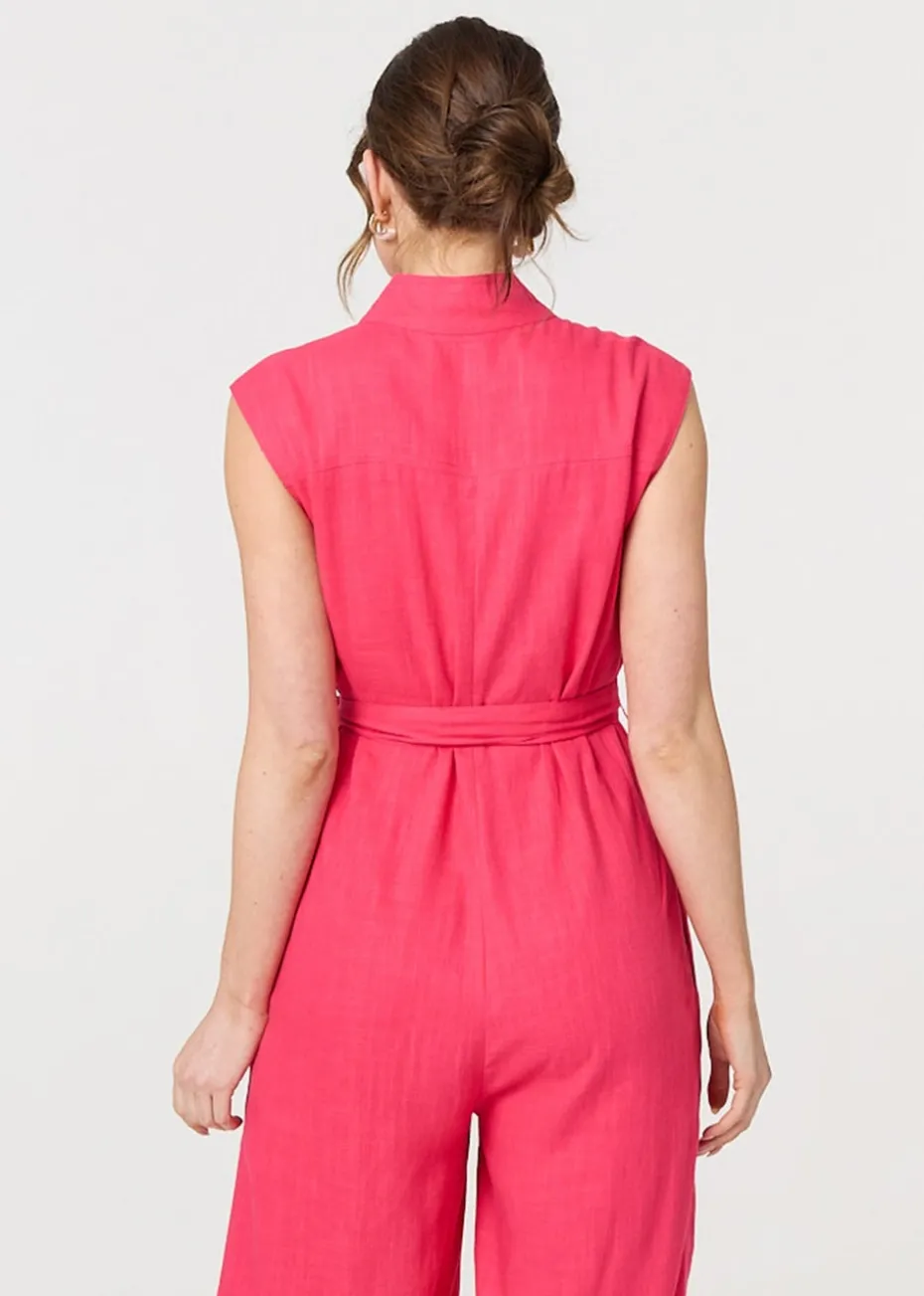 Izabel London Red Sleeveless Tie Waist Button-Up Jumpsuit