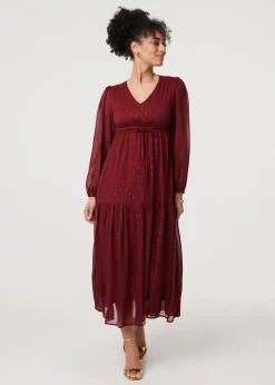 Izabel London Red Sparkly Semi Sheer Long Sleeve Midi Dress