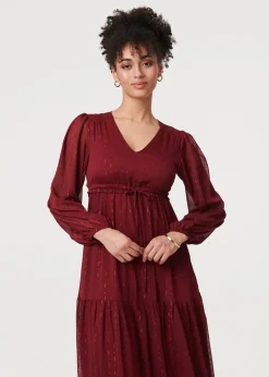 Izabel London Red Sparkly Semi Sheer Long Sleeve Midi Dress