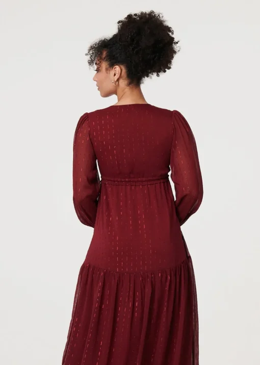 Izabel London Red Sparkly Semi Sheer Long Sleeve Midi Dress