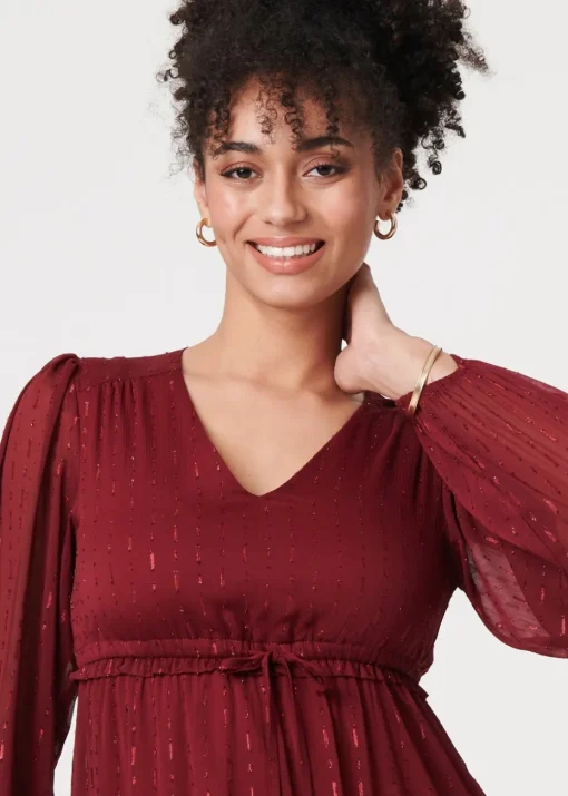 Izabel London Red Sparkly Semi Sheer Long Sleeve Midi Dress