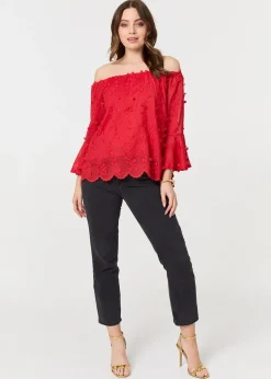 Izabel London Red Textured Semi Sheer Bardot Blouse