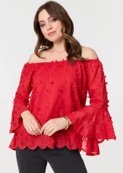 Izabel London Red Textured Semi Sheer Bardot Blouse