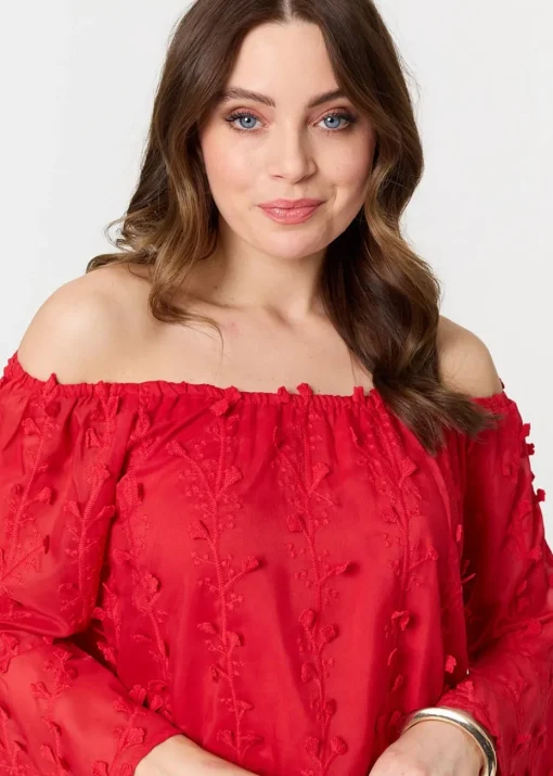 Izabel London Red Textured Semi Sheer Bardot Blouse